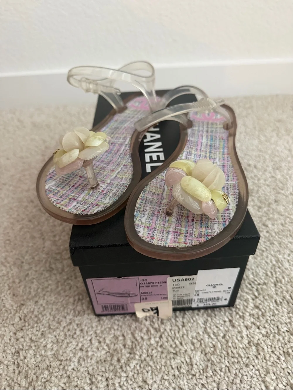 CHANEL Clear Jelly Floral Thong Sandals with Pastel Tweed Footbed